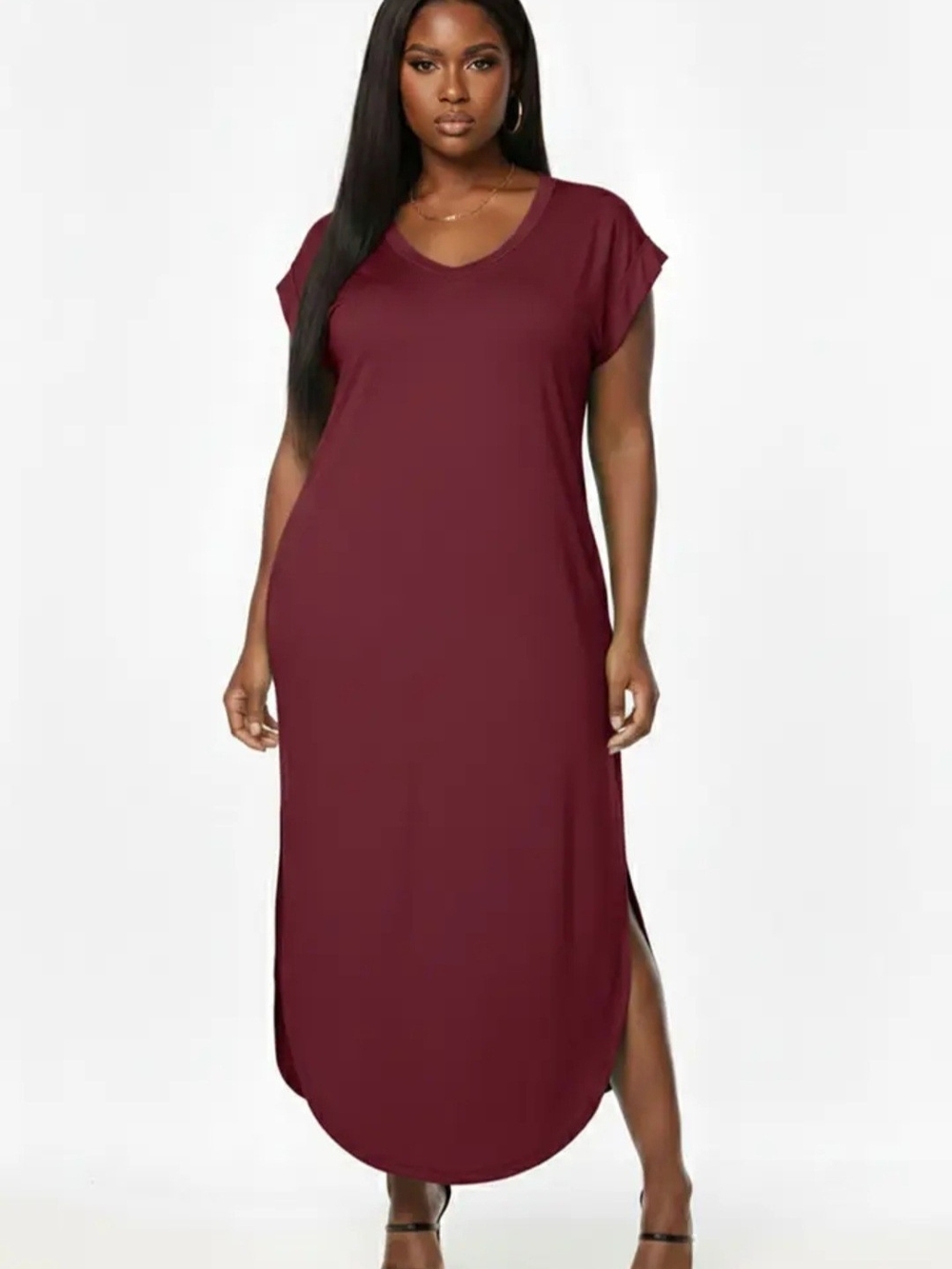 Women's V-Neck Maxi Dress in Burgundy